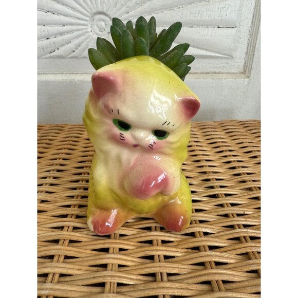 Vintage 50's Yellow Ceramic Cat Kitten Planter Pot Vase Kitsch Retro - Picture 1 of 14